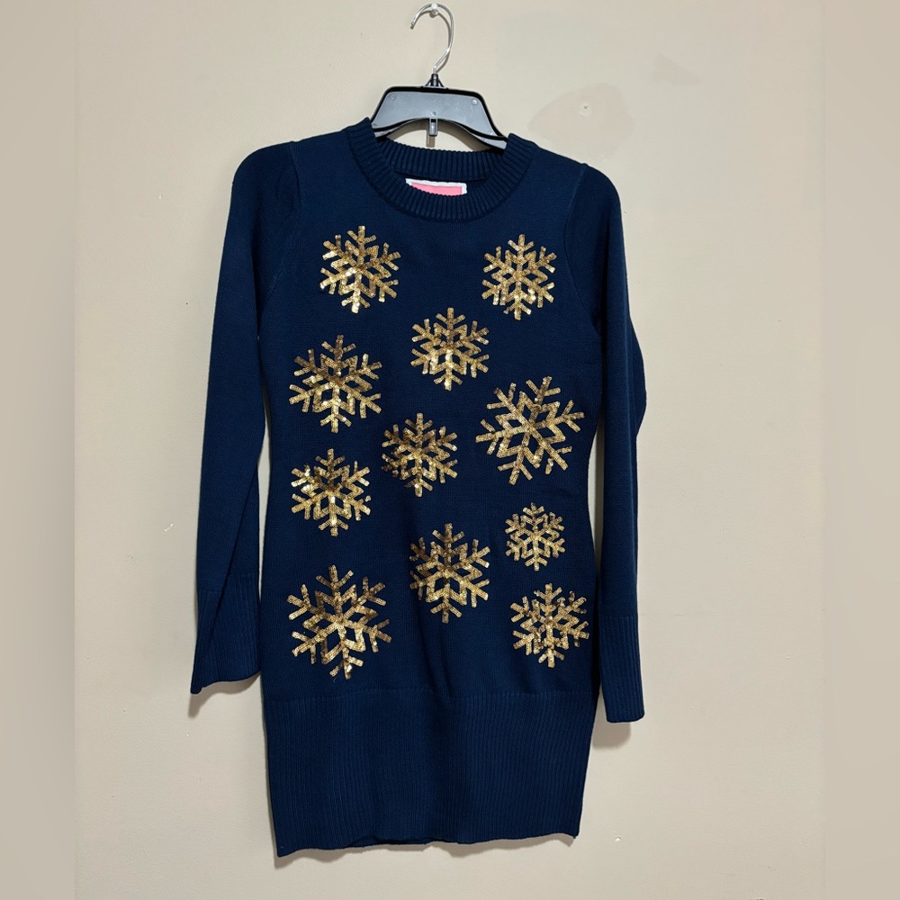Navy Sweater with Gold Snowflakes